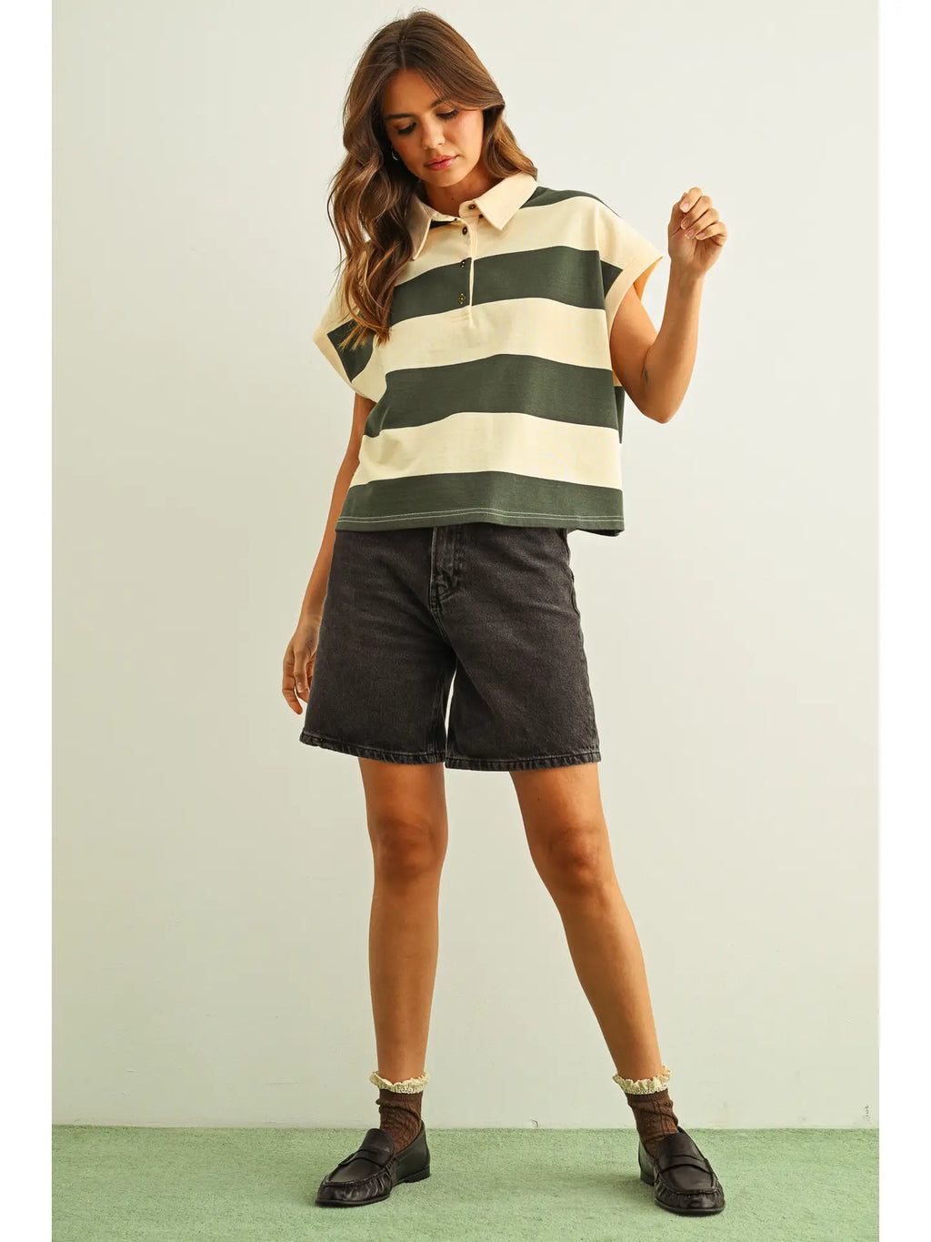 Wide Stripe Polo Shirt in Green Beige
