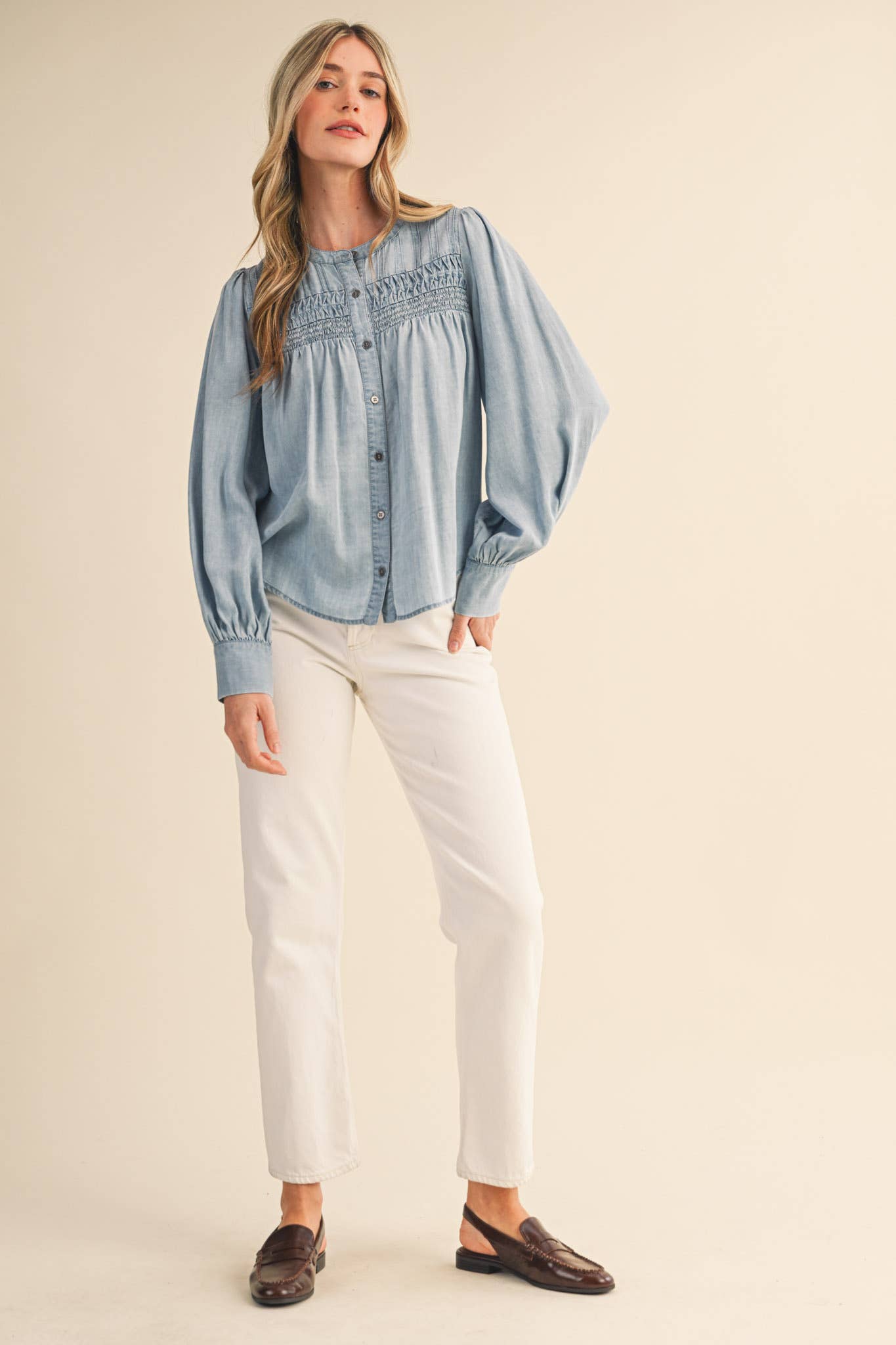 Chambray Pintuck Detail Button Down Top