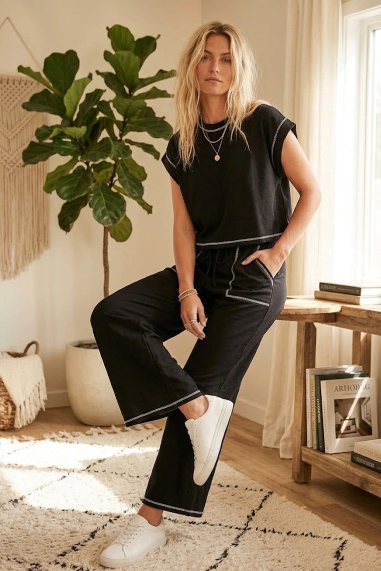 Scuba Contrast Stitch Lounge Set in Black
