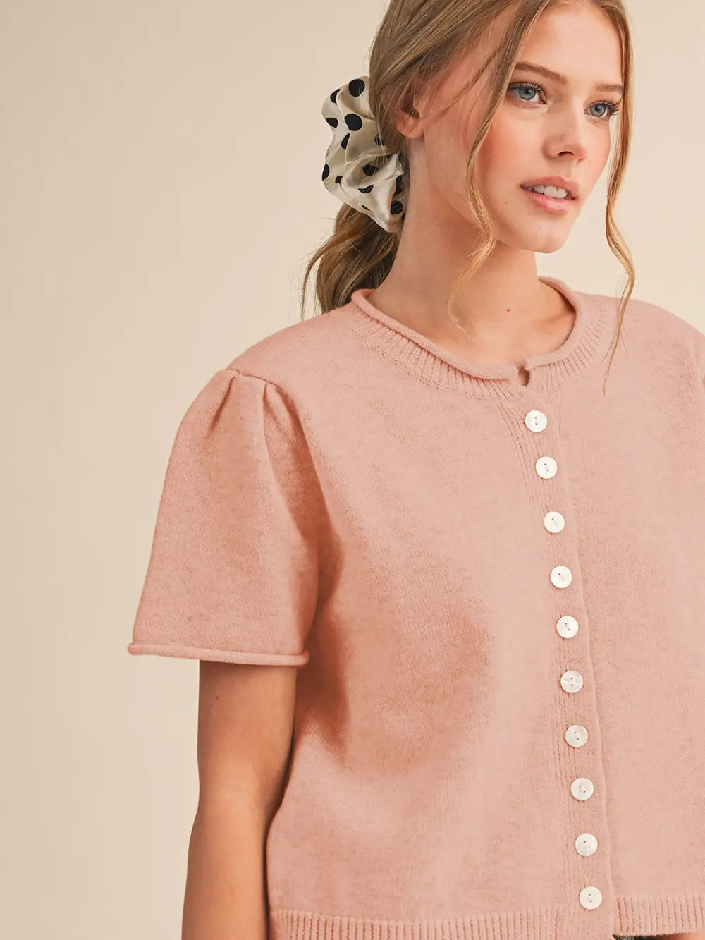 Short Sleeve Sweater Cardigan in Coral Peach