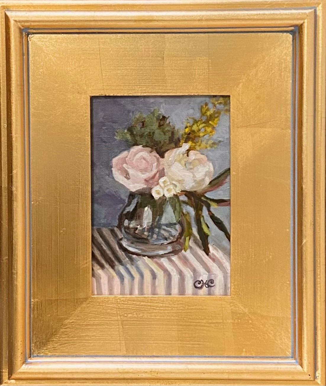 Peonies on Striped Tablecloth I