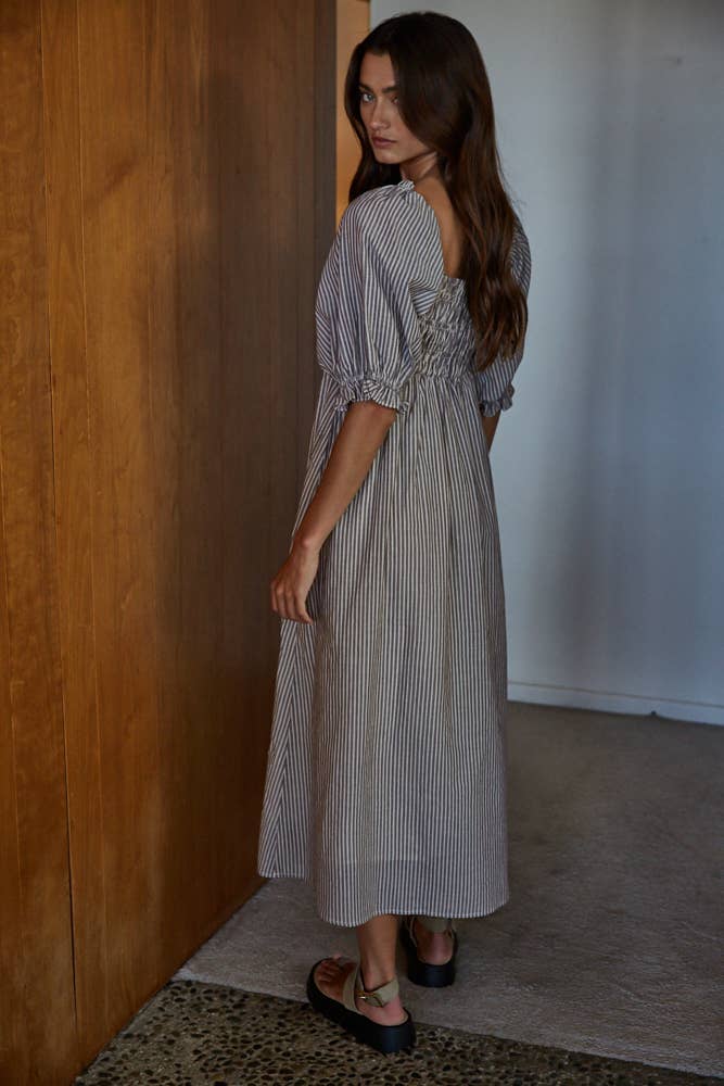 Linen Striped Smocked Midi Dress