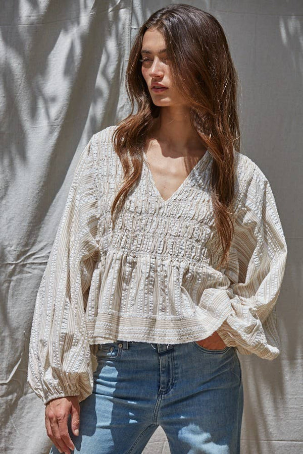 Woven Striped Collared Scoop Neck Smocked Top