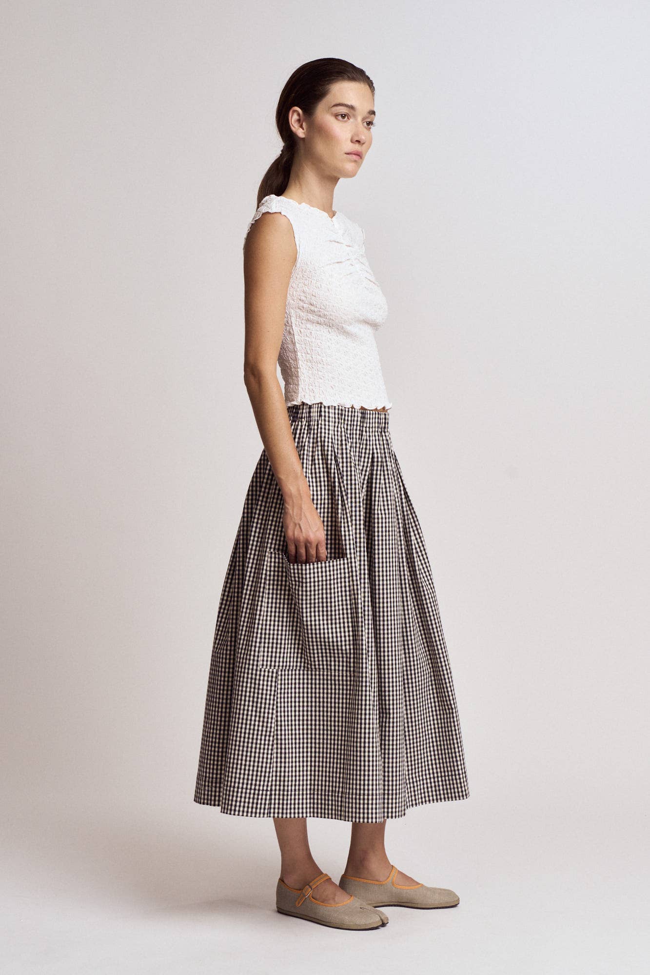Pleat Waist Gingham Skirt