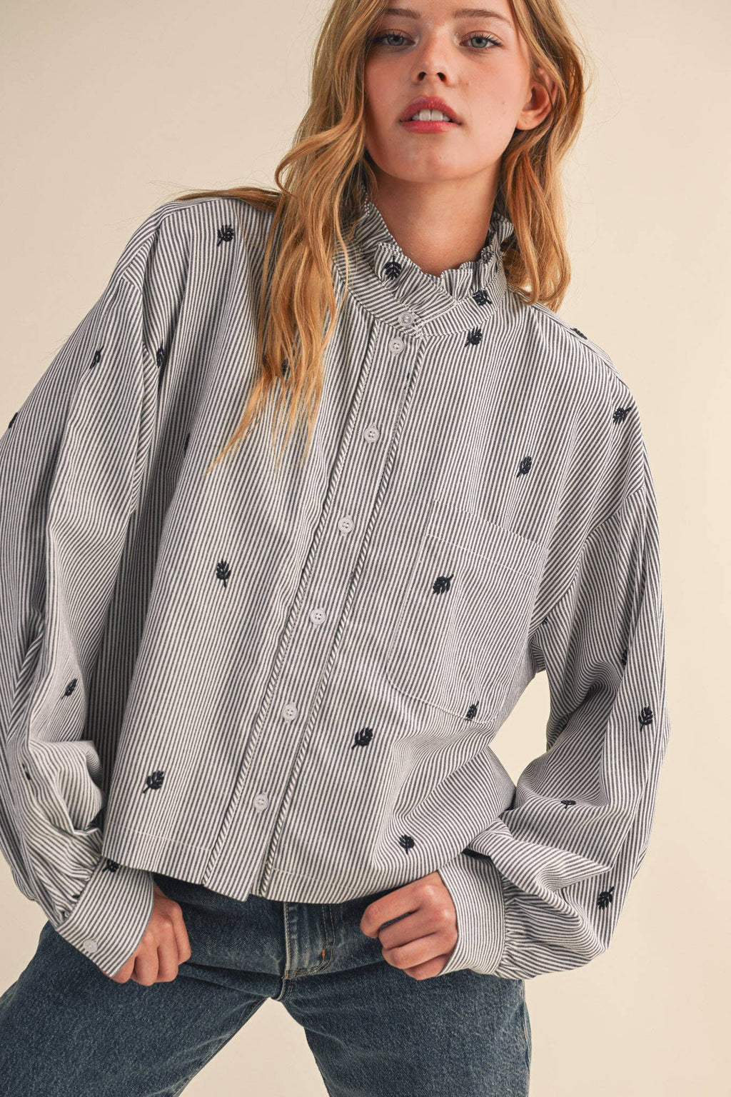 Embroidered Mock Neck Striped Button Up