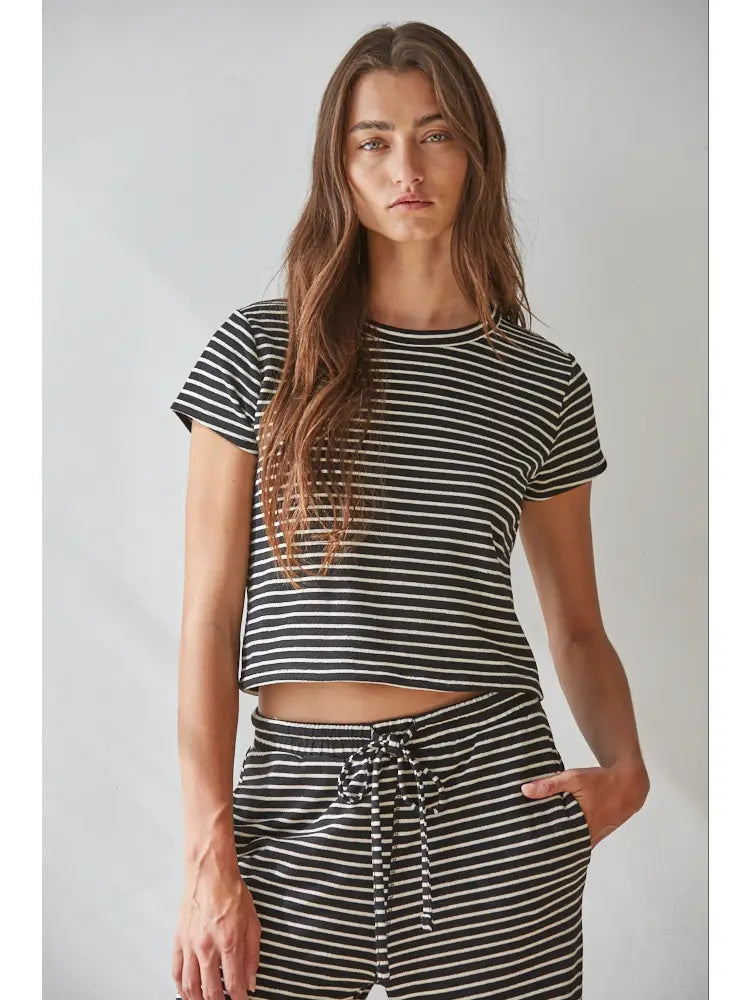 Striped Short Sleeve Top in Black Ivory