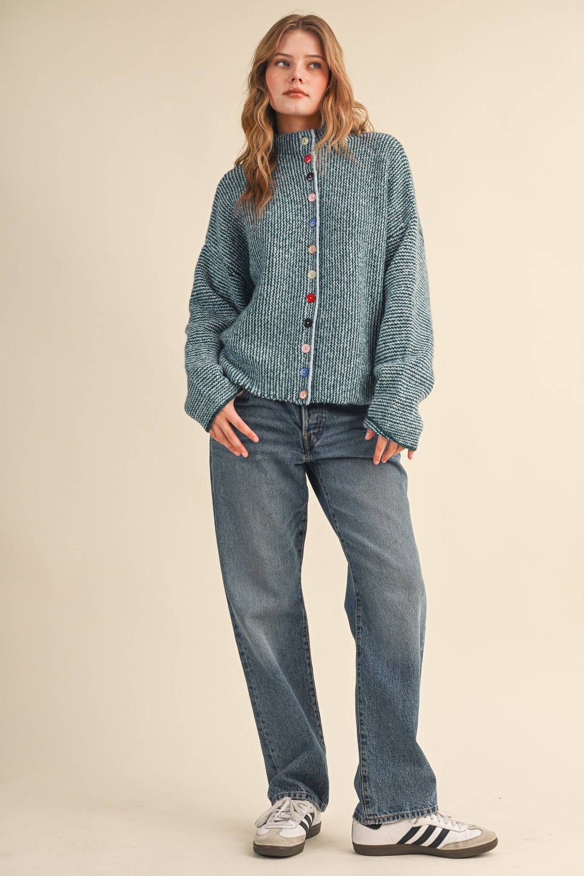 Striped Sweater Cardigan with Colorful Buttons