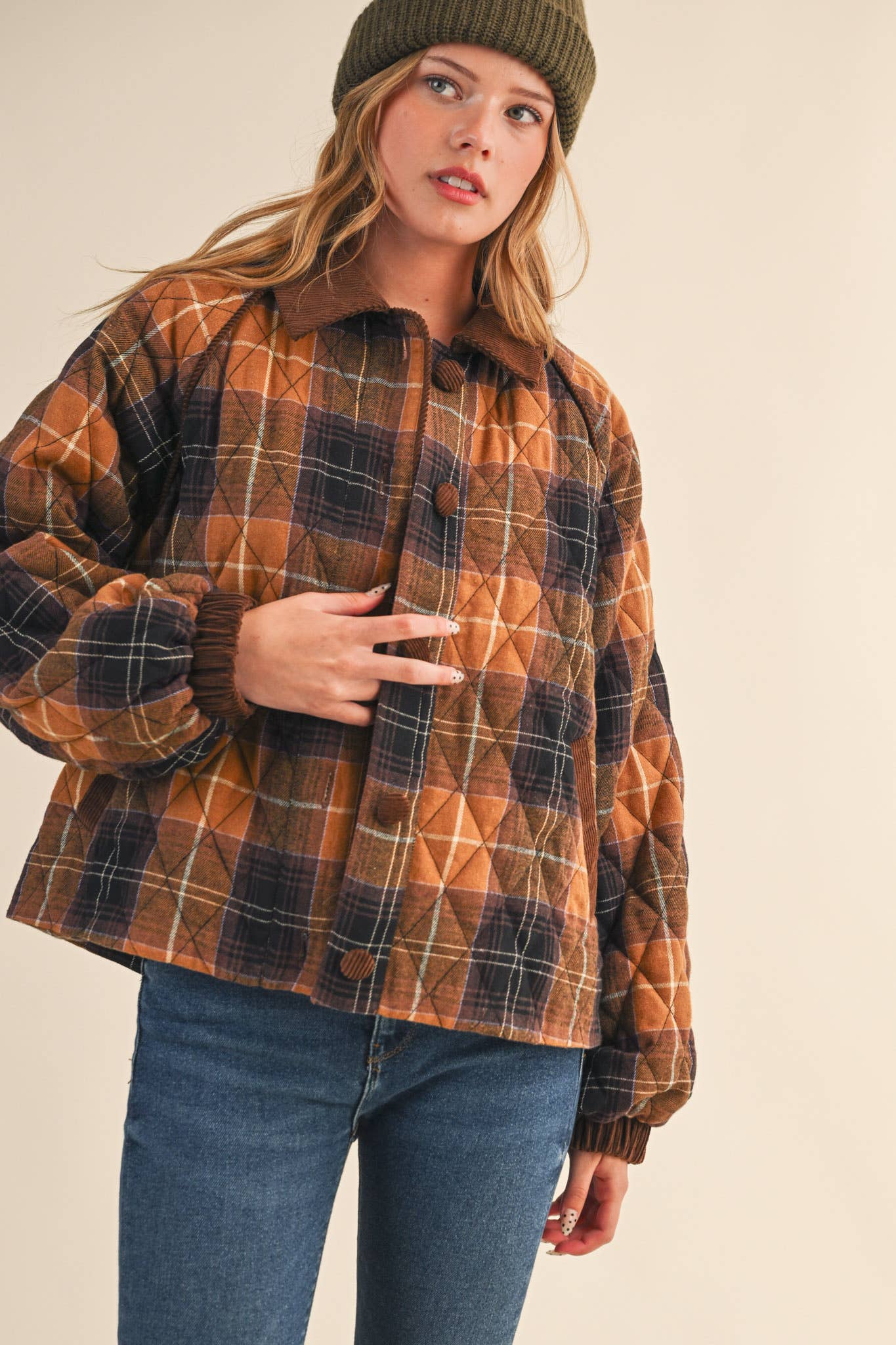 Plaid Quilted Jacket with Contrast Corduroy Detail