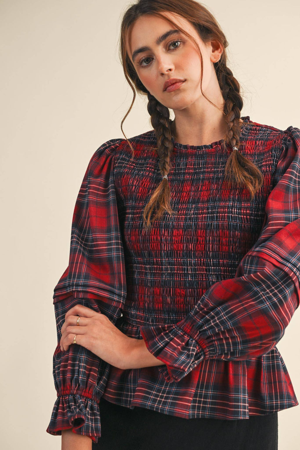 Smocked Plaid Puff Sleeve Peplum Top