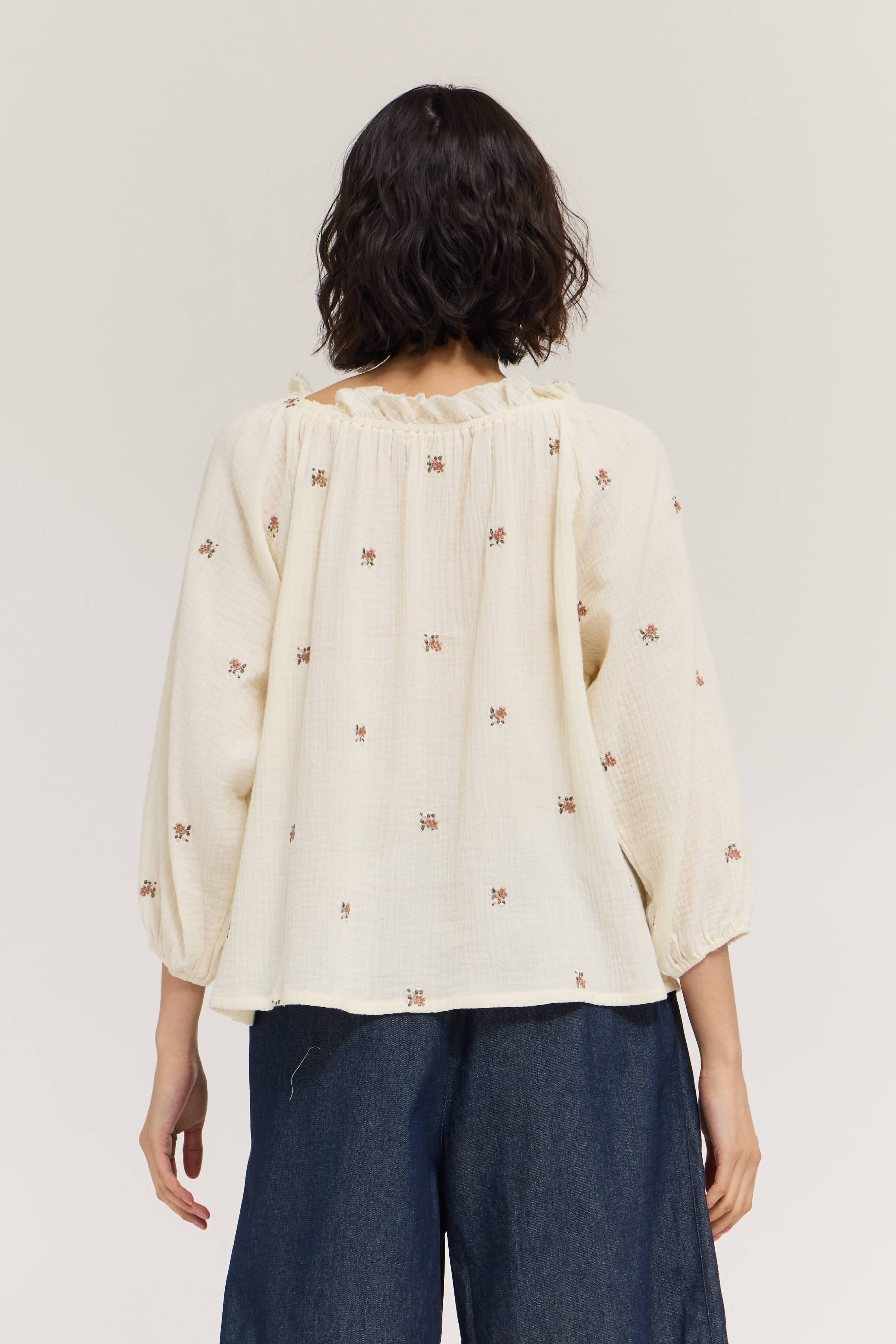 Embroidered Gauze Drawstring Blouse