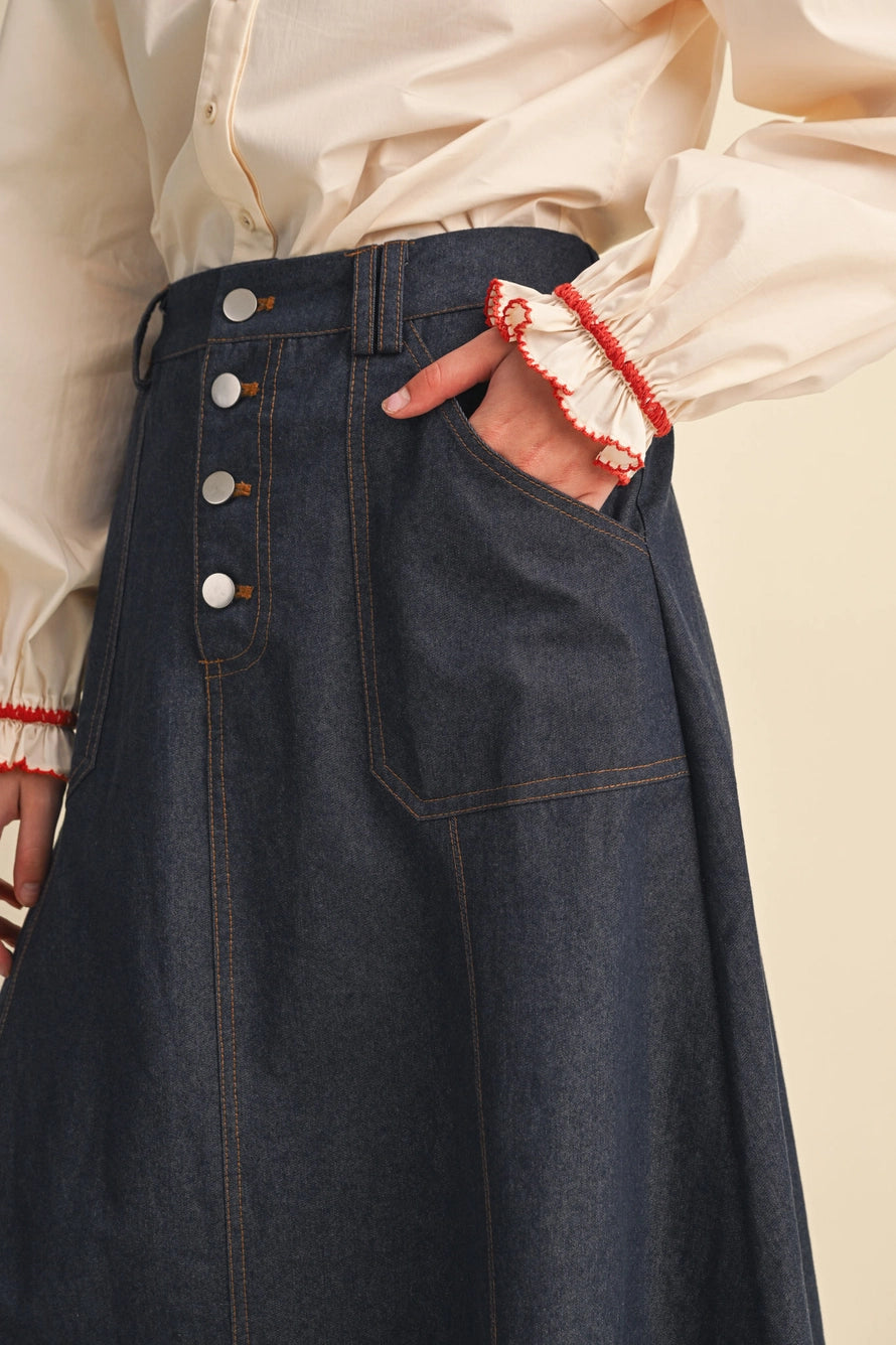 Denim A-Line Midi Skirt