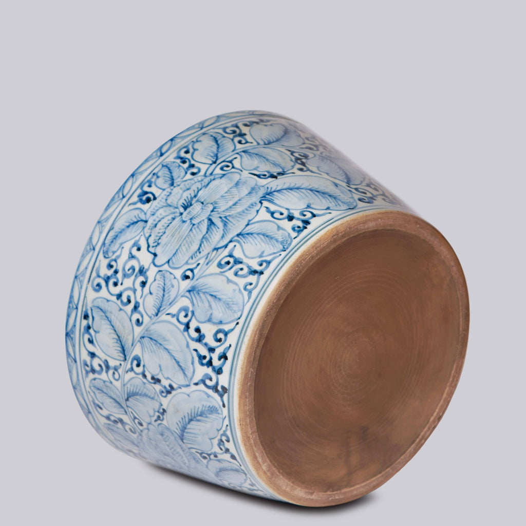 Large Rustic Rose Blue and White Porcelain Planter