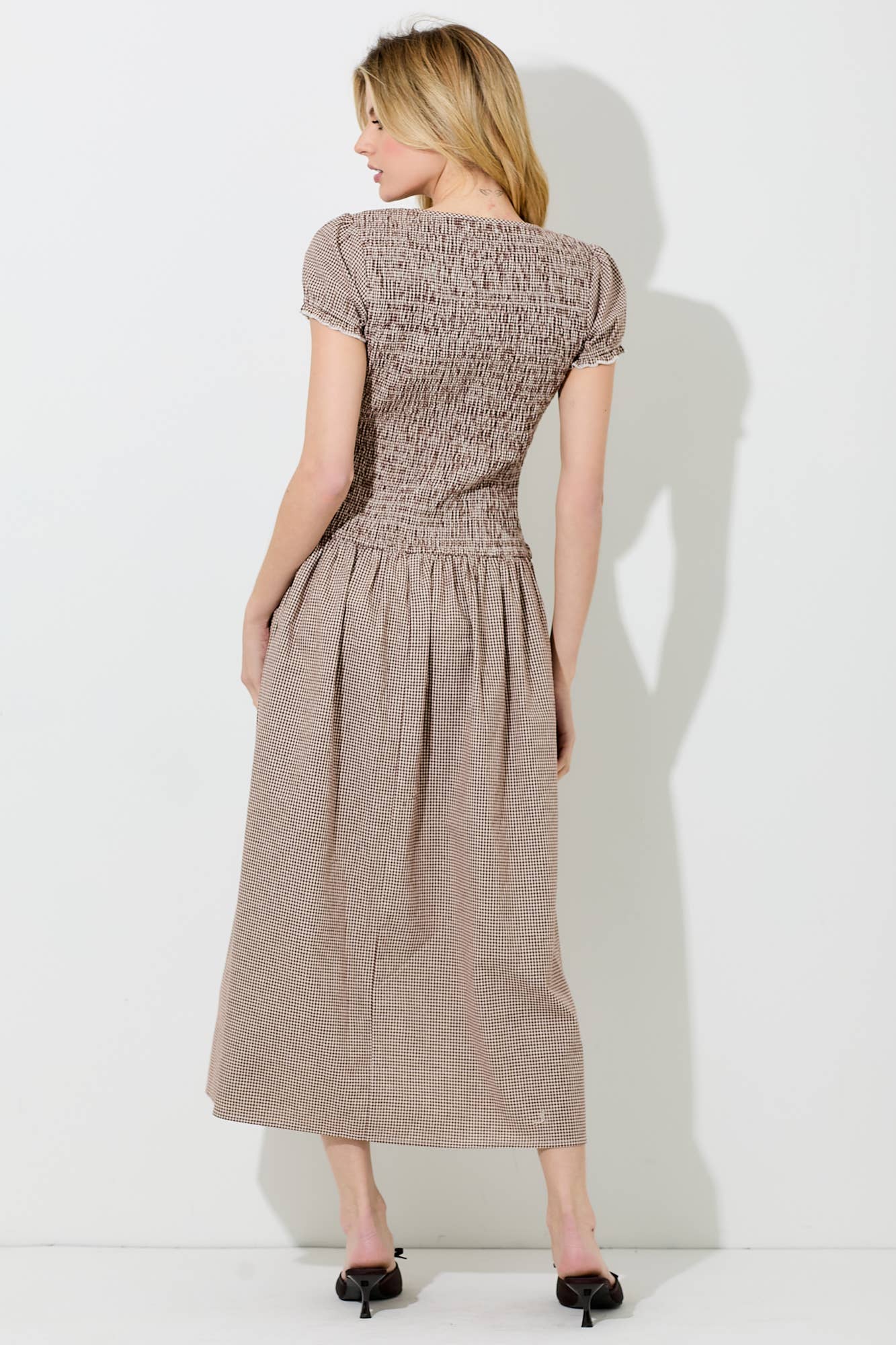 Gingham Smocked Short Sleeve Midi Dress