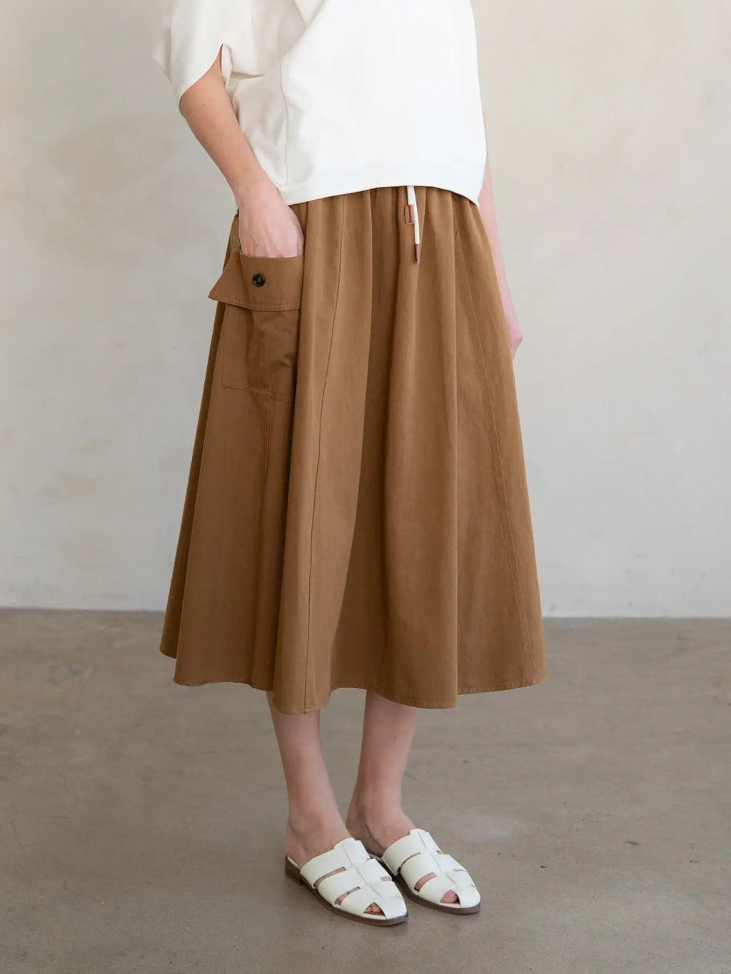 Gathered Drawstring Utility Midi Skirt in Carmel Brown