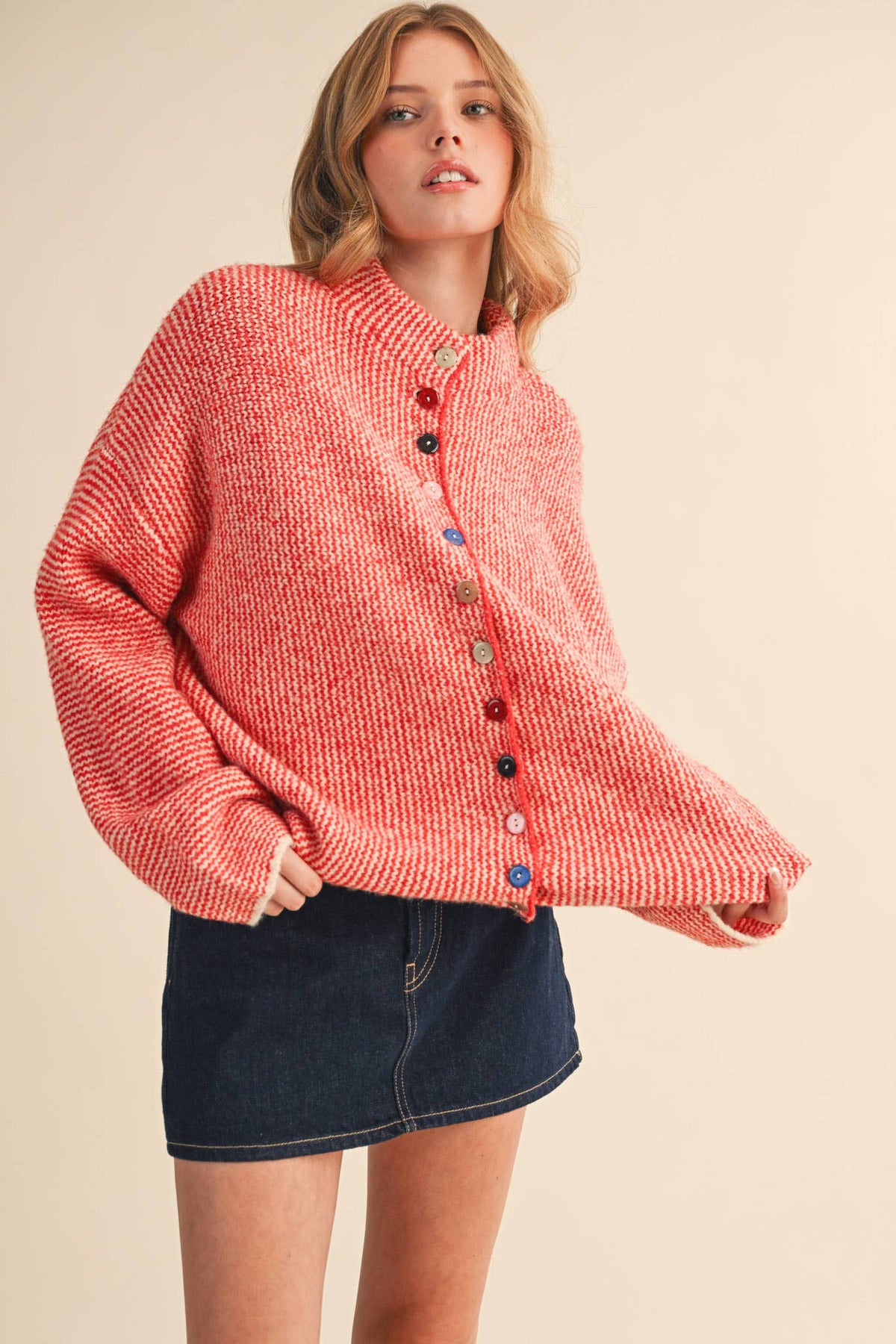 Striped Sweater Cardigan with Colorful Buttons