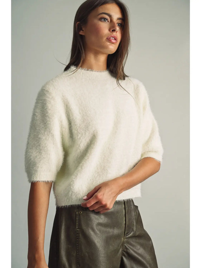 Fluffy Cropped Faux Fur Sweater in Cream