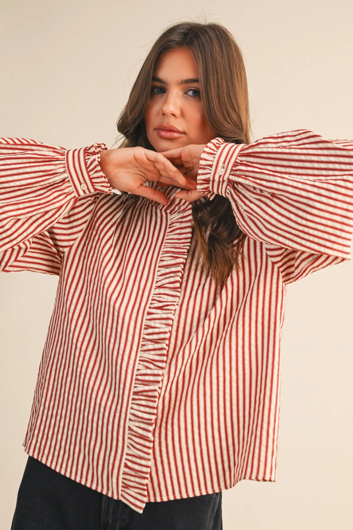 Striped Ruffled Button Down Top