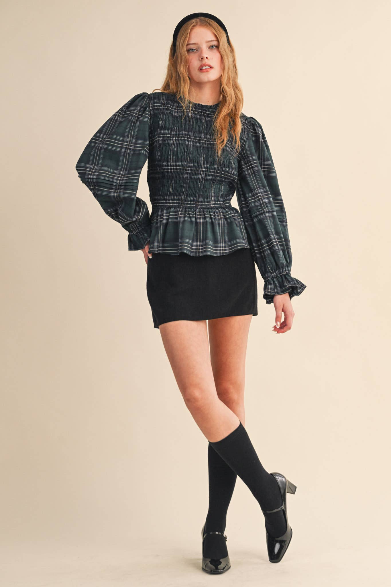 Smocked Plaid Puff Sleeve Peplum Top