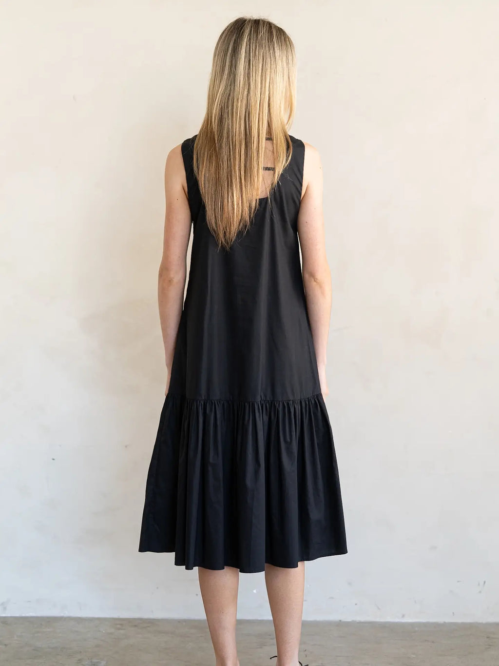 Jet Black Open Back Ruffled Poplin Midi Dress