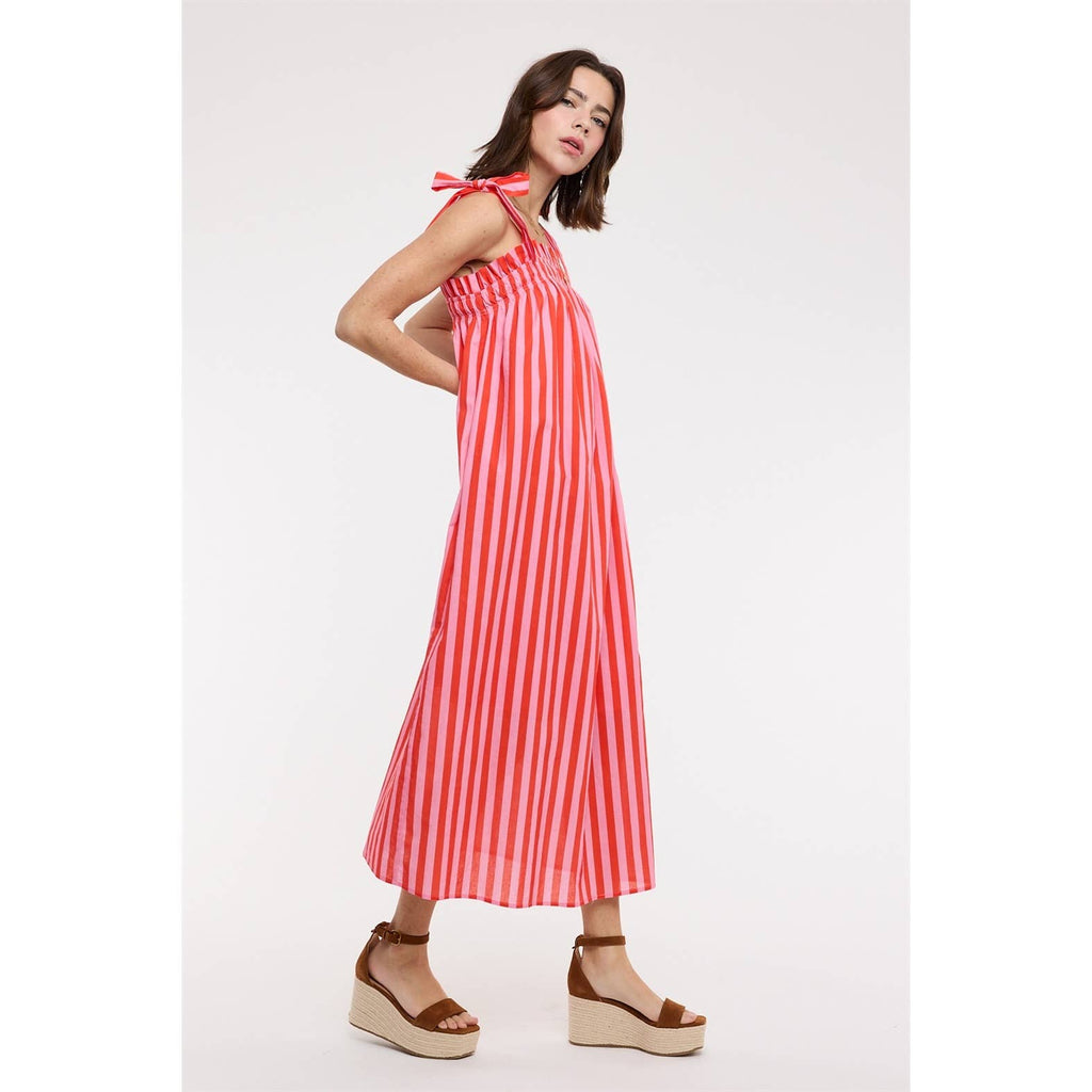 Striped Shoulder Tie Midi Dress