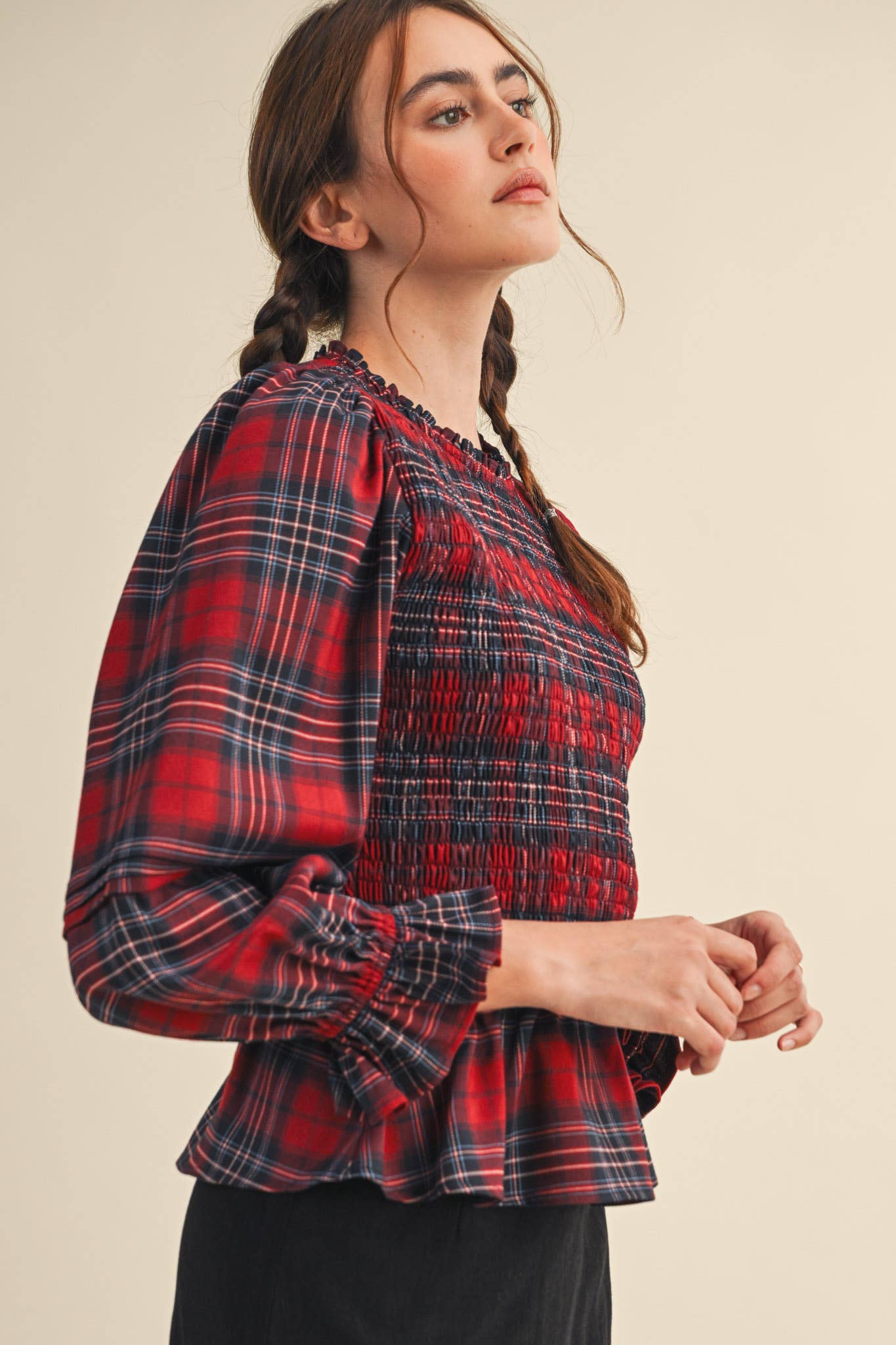 Smocked Plaid Puff Sleeve Peplum Top