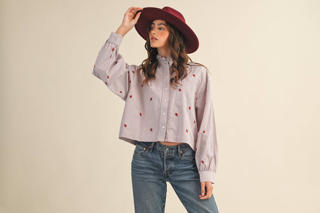 Embroidered Mock Neck Striped Button Up