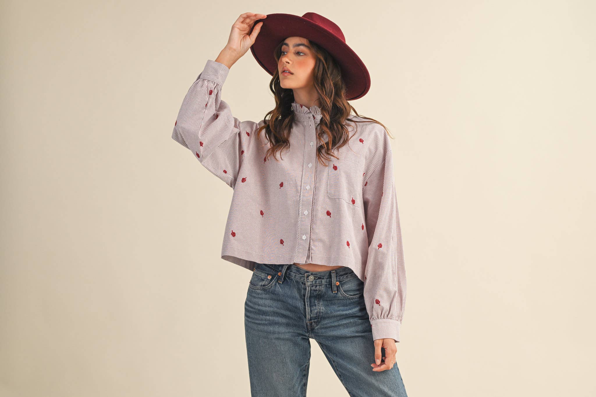 Embroidered Mock Neck Striped Button Up