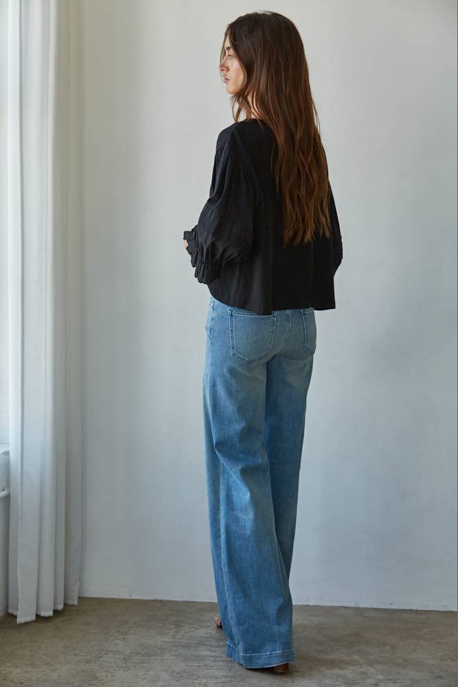 Quarter Balloon Sleeve Top with Pleat Detail