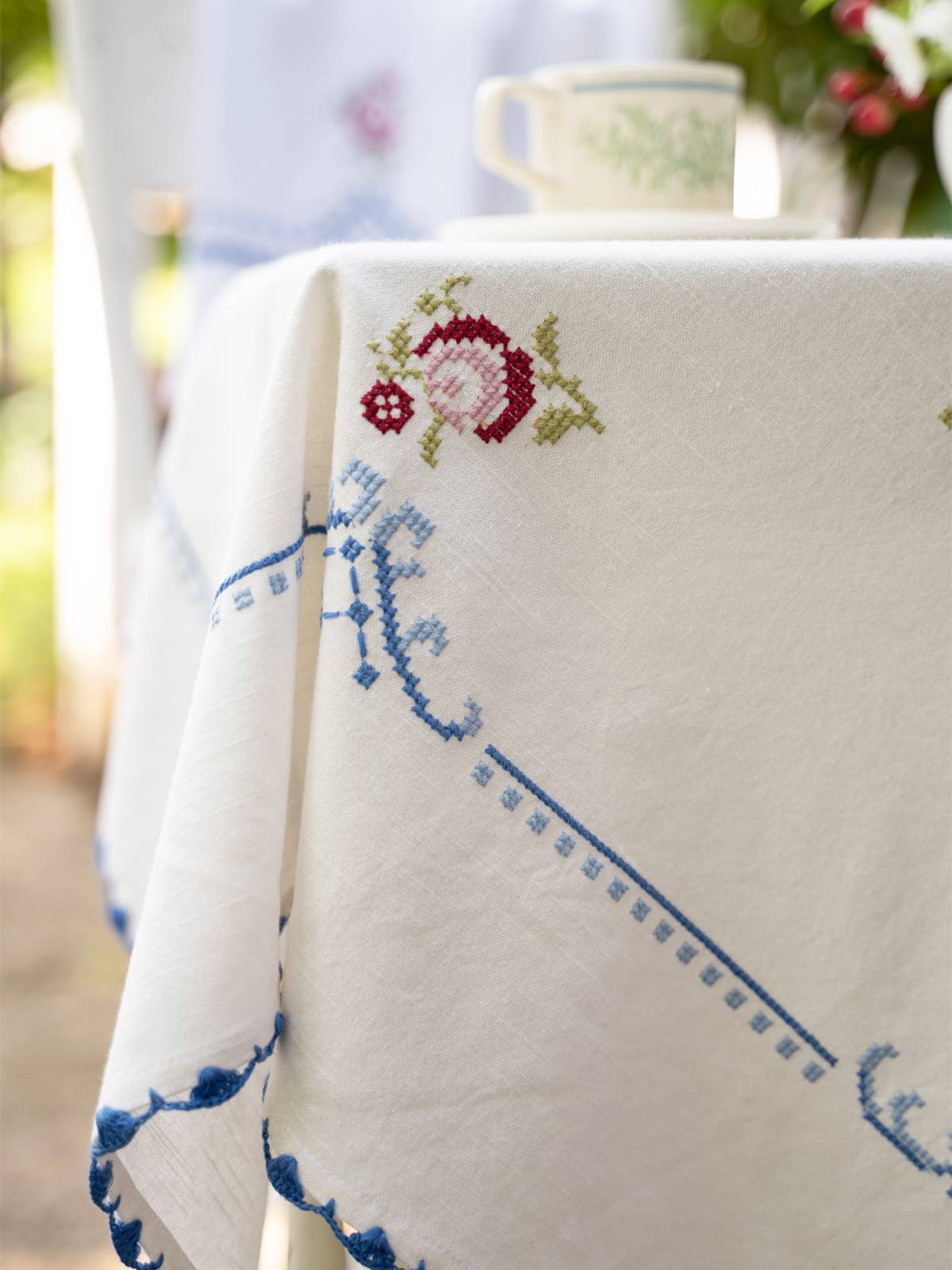 Folklore Cross Stitch Embroidered Tea Cloth