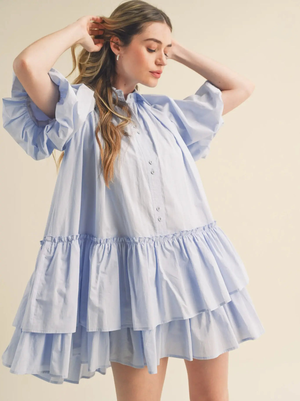 Bubble Sleeve Button Down Babydoll Dress