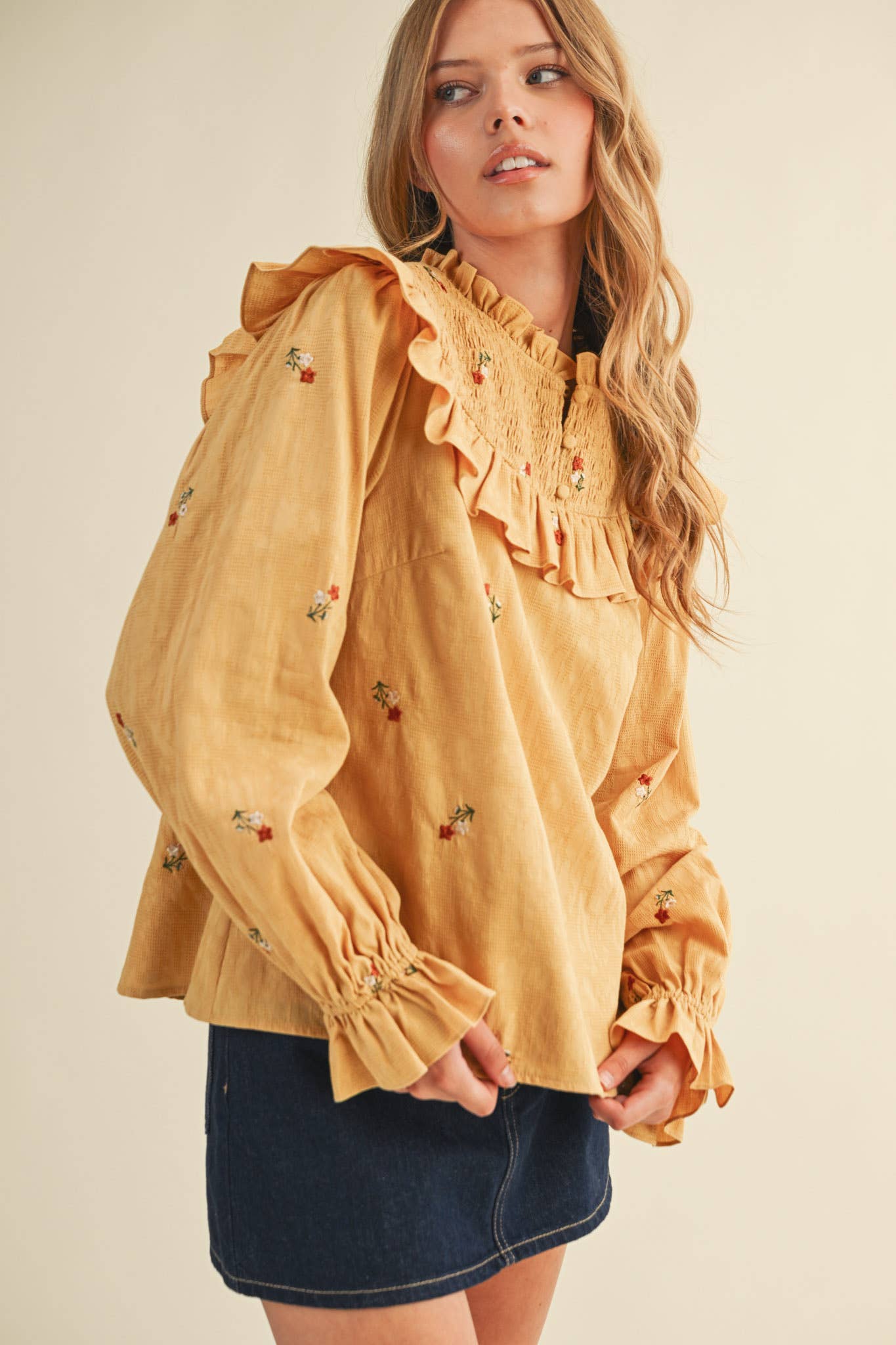Smocked Yoke Embroidered Blouse