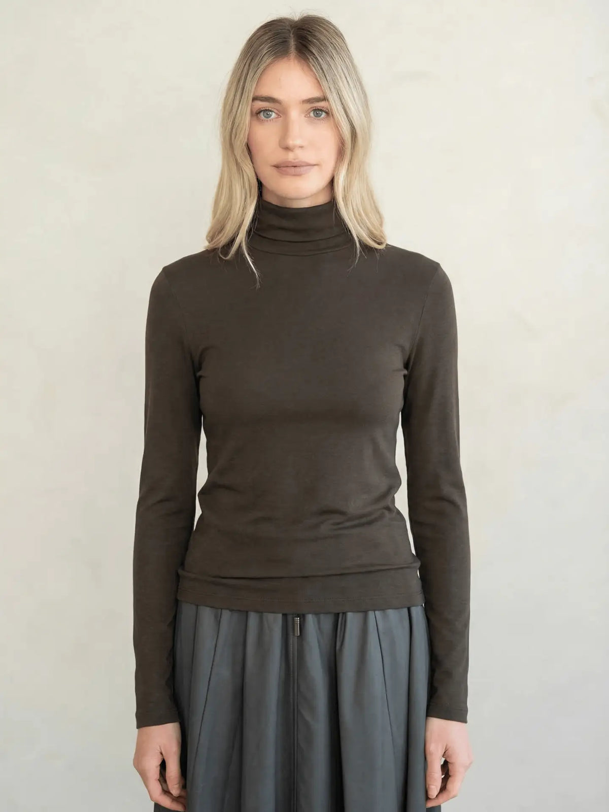 Slim Fit Turtle Neck Top in Brown Ash