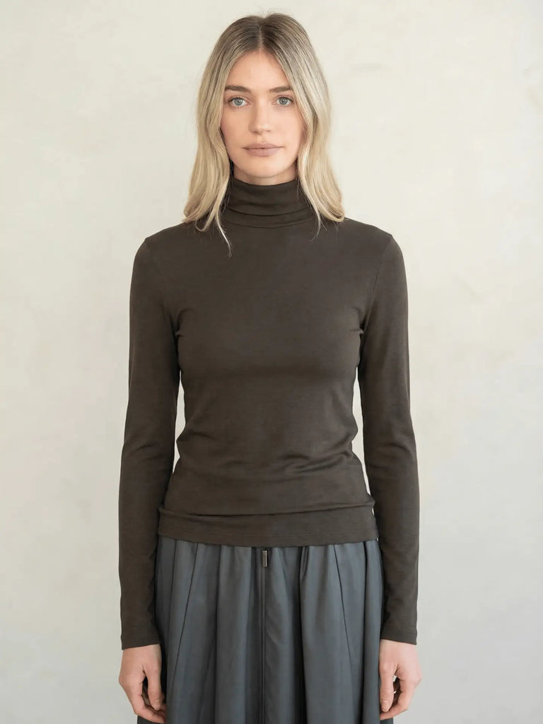 Slim Fit Turtle Neck Top in Brown Ash
