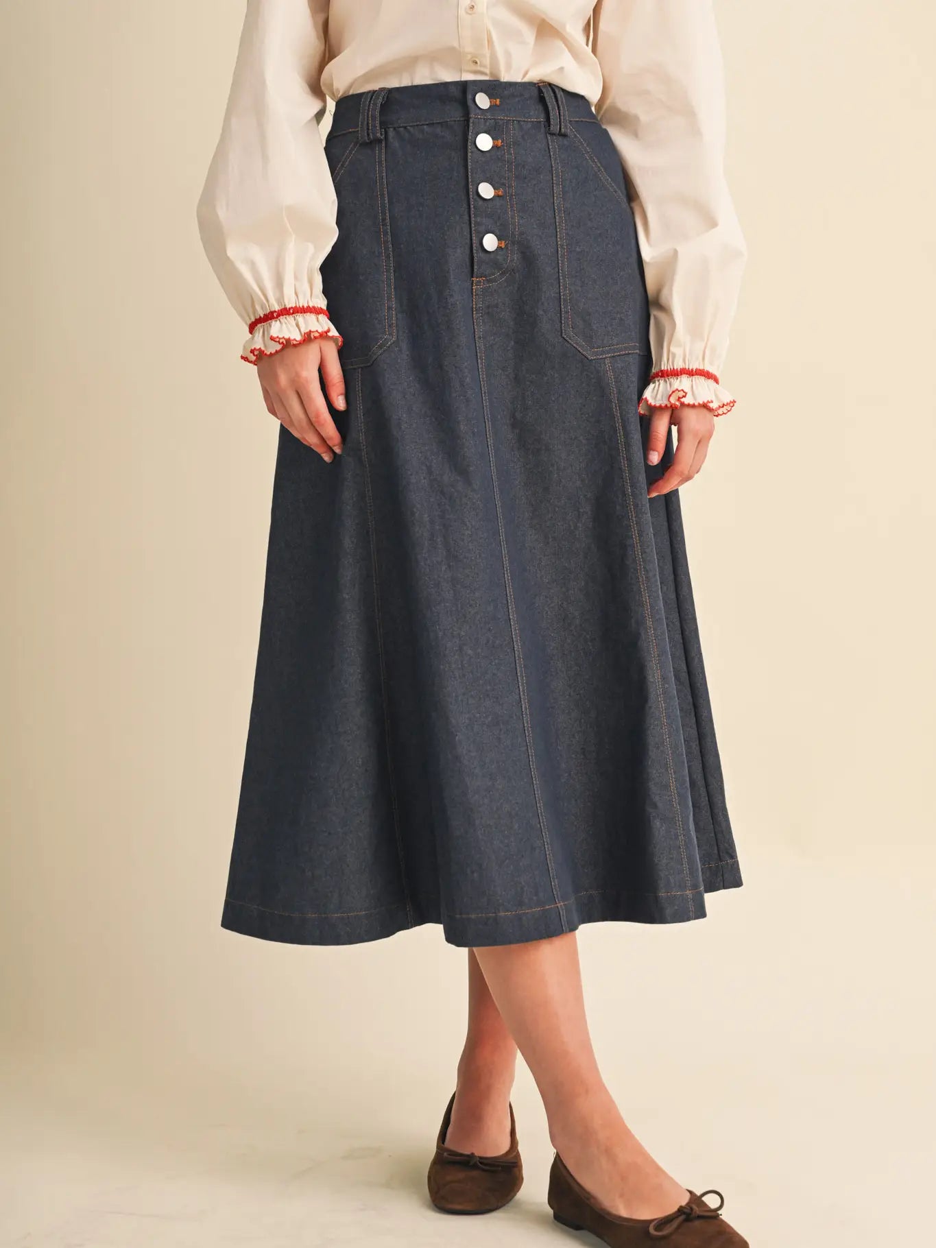 Denim A-Line Midi Skirt