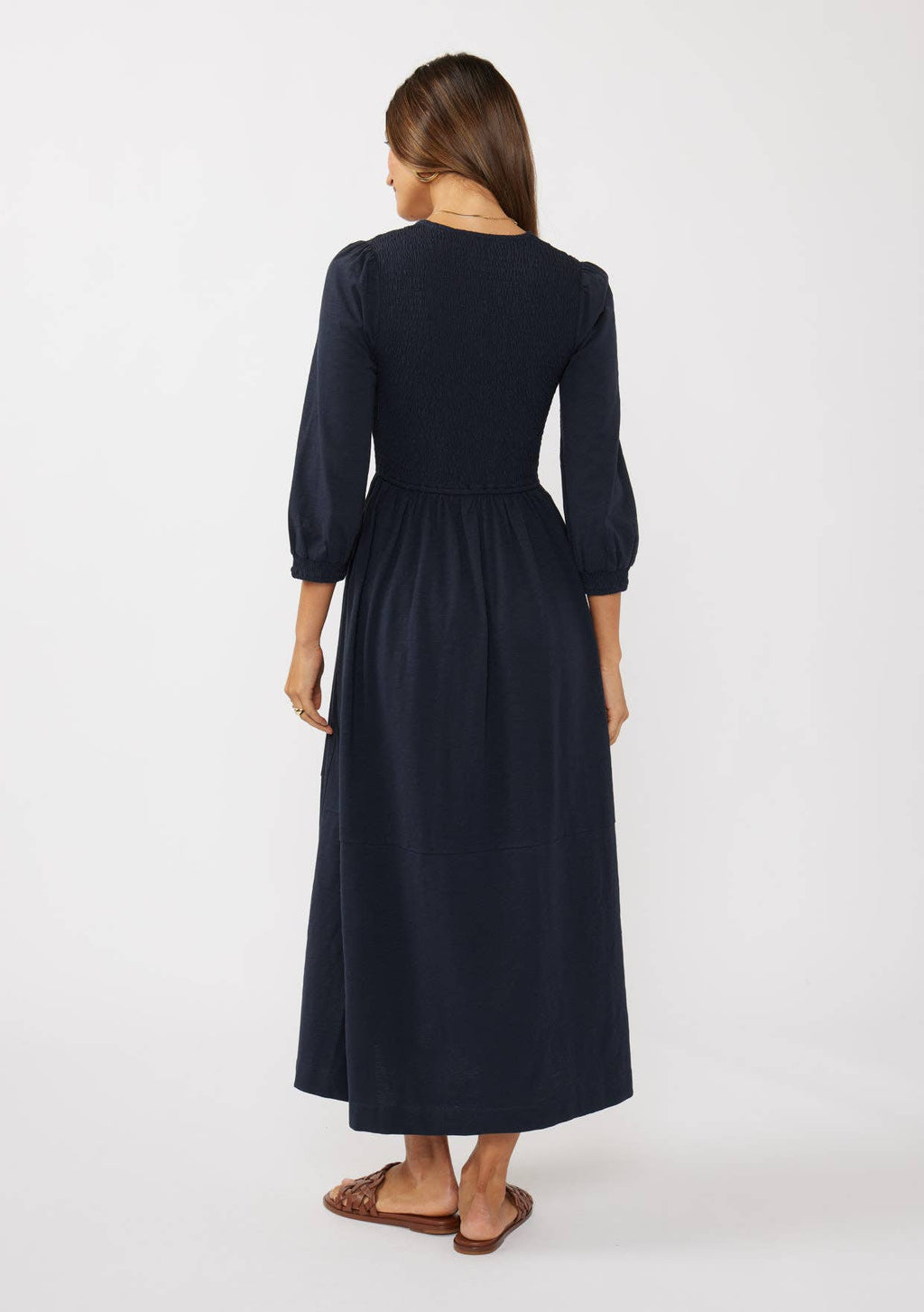 V-Neck Smocked Slub Knit Maxi Dress