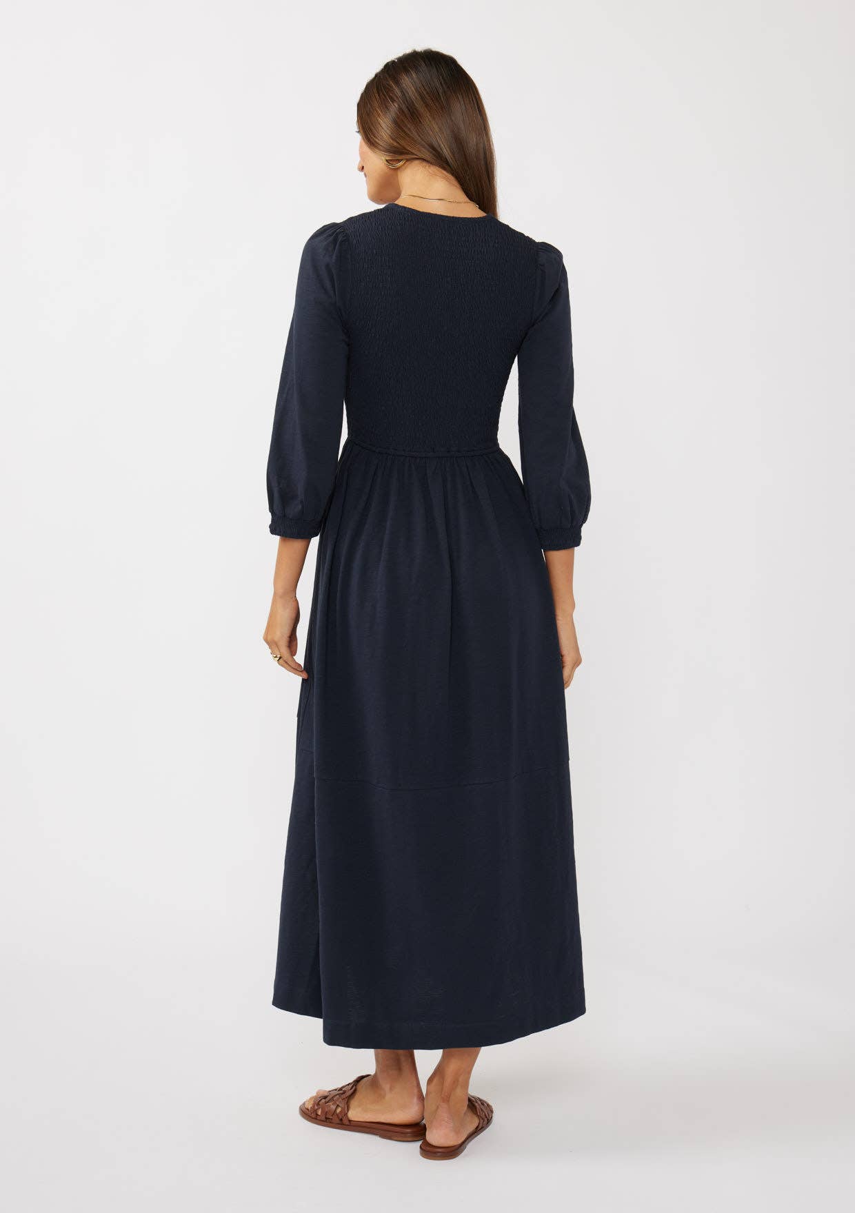 V-Neck Smocked Slub Knit Maxi Dress