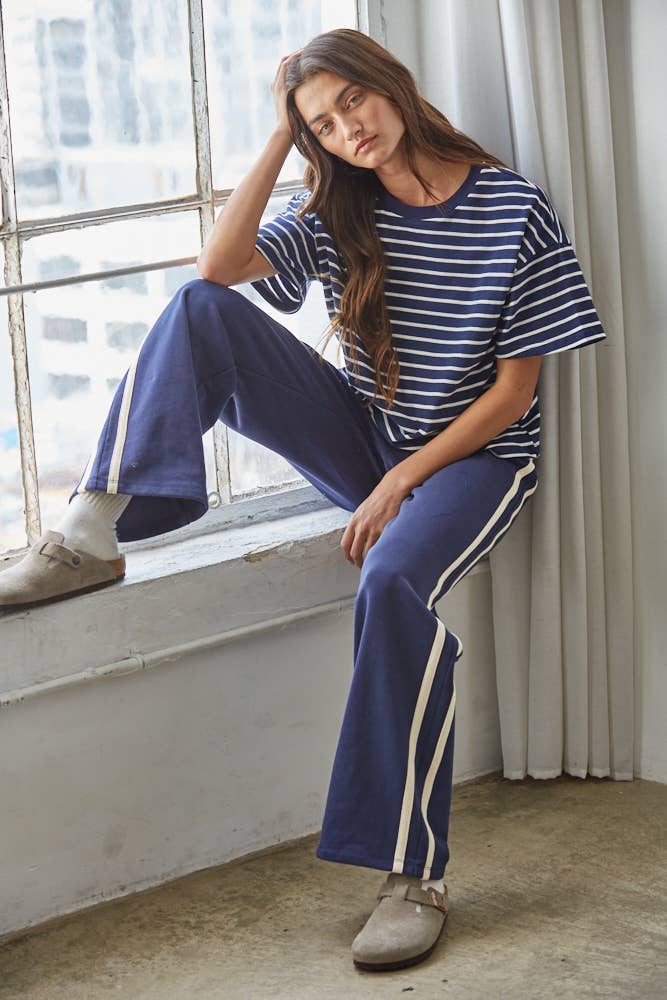 Striped Crew Neck Top in Natural Navy