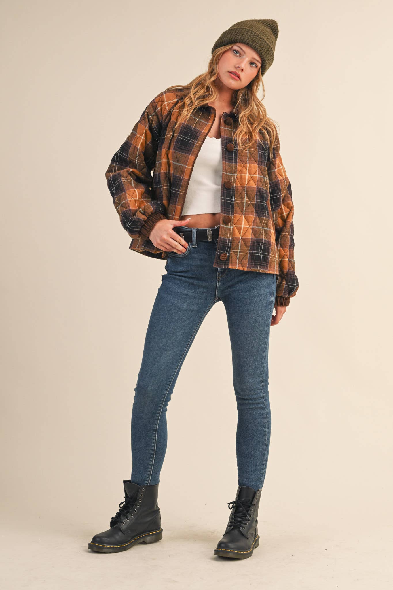 Plaid Quilted Jacket with Contrast Corduroy Detail