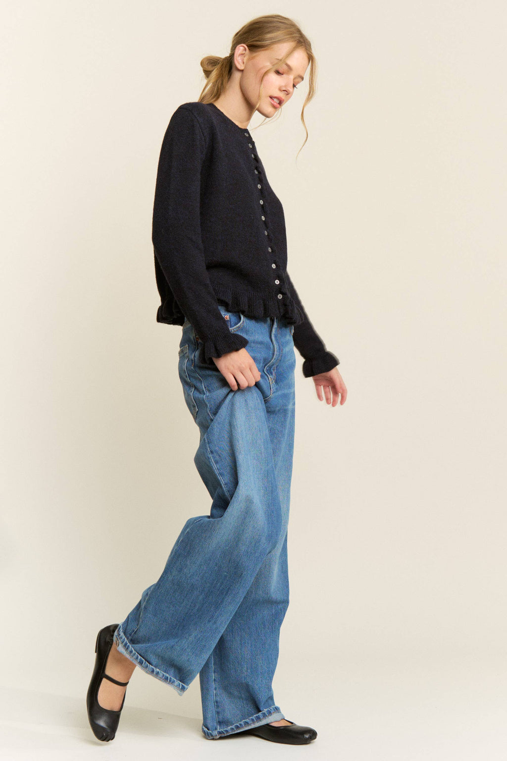 Ruffle Trim Button-Up Cardigan