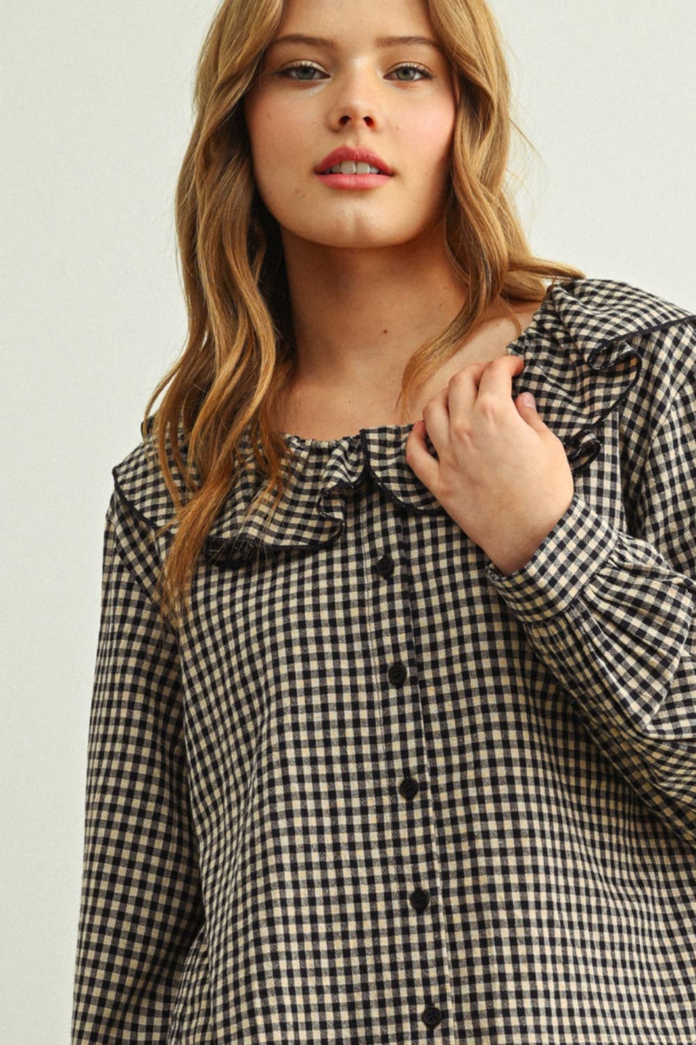 Mini Gingham Ruffled Collar Blouse