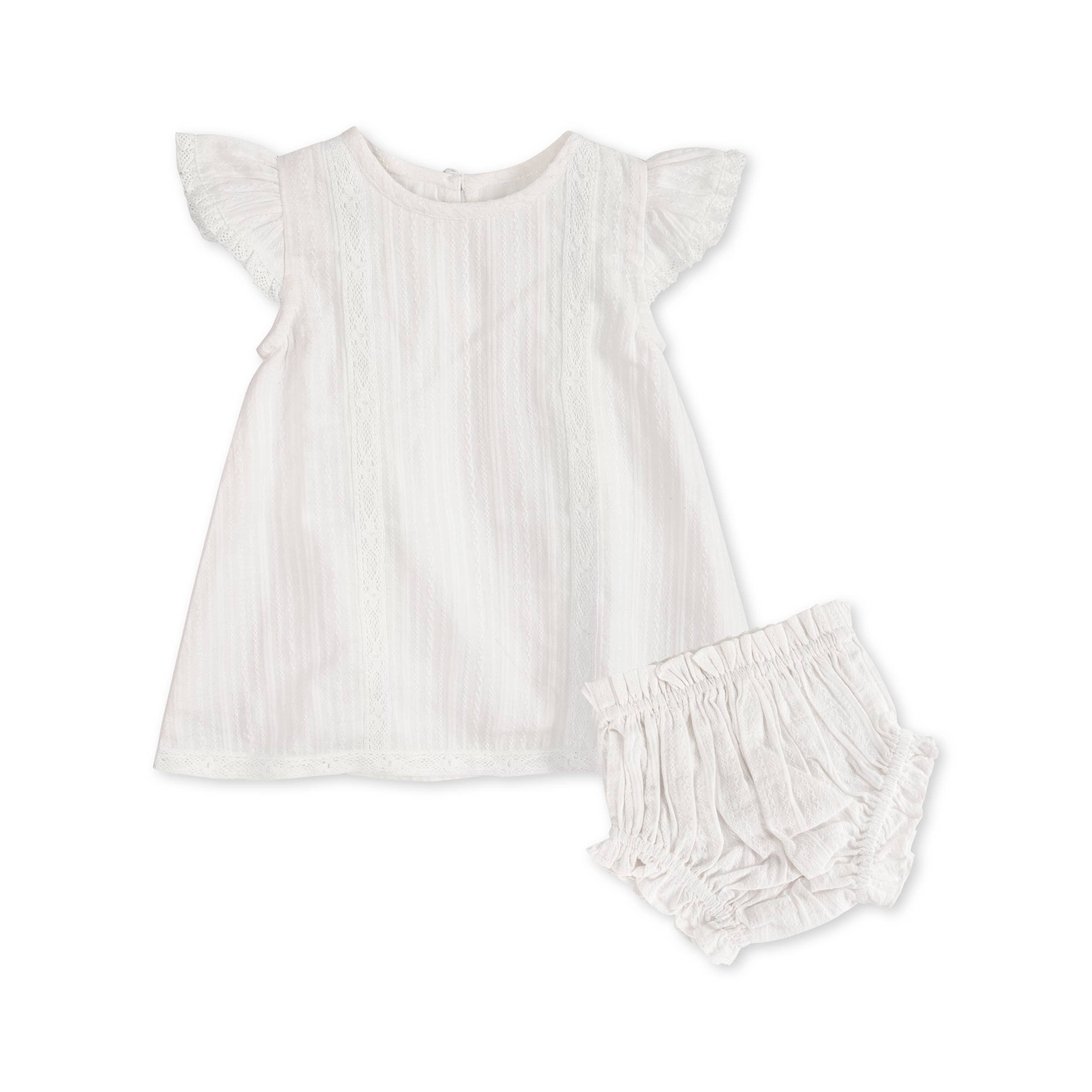 Noelle Dobby White A Line Baby Dress + Bloomer Set