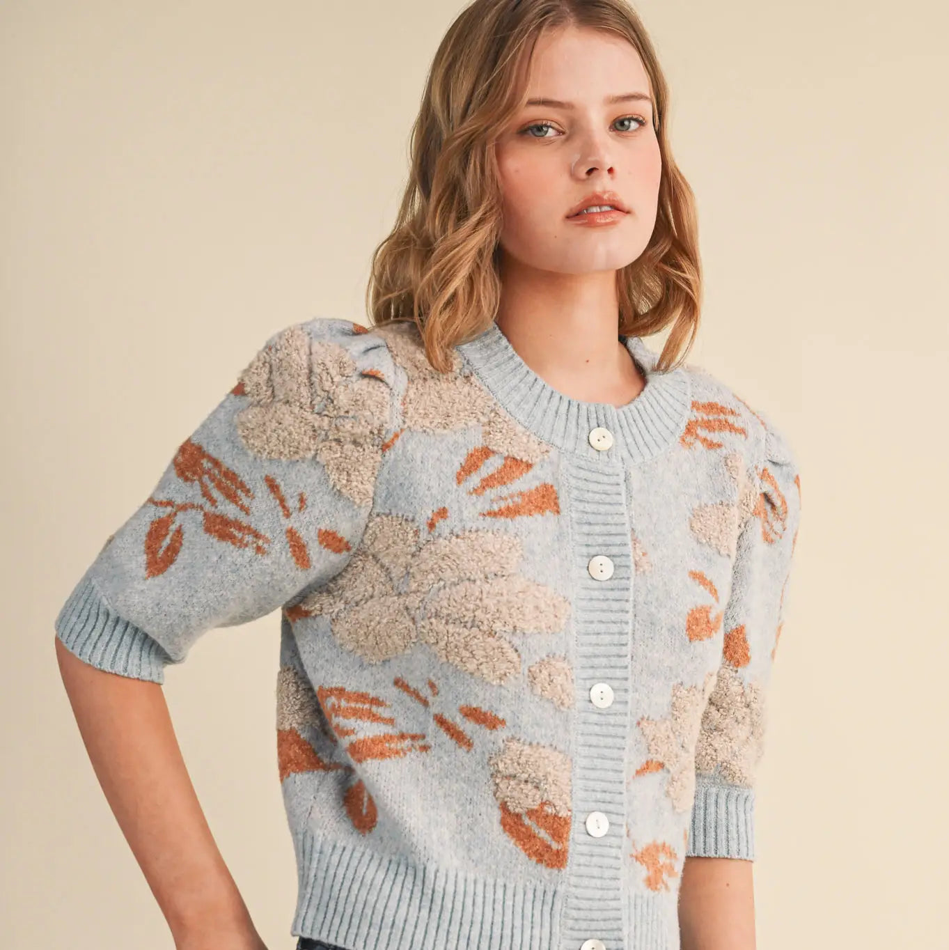 Floral Knit Short Puff Sleeve Sweater Cardigan