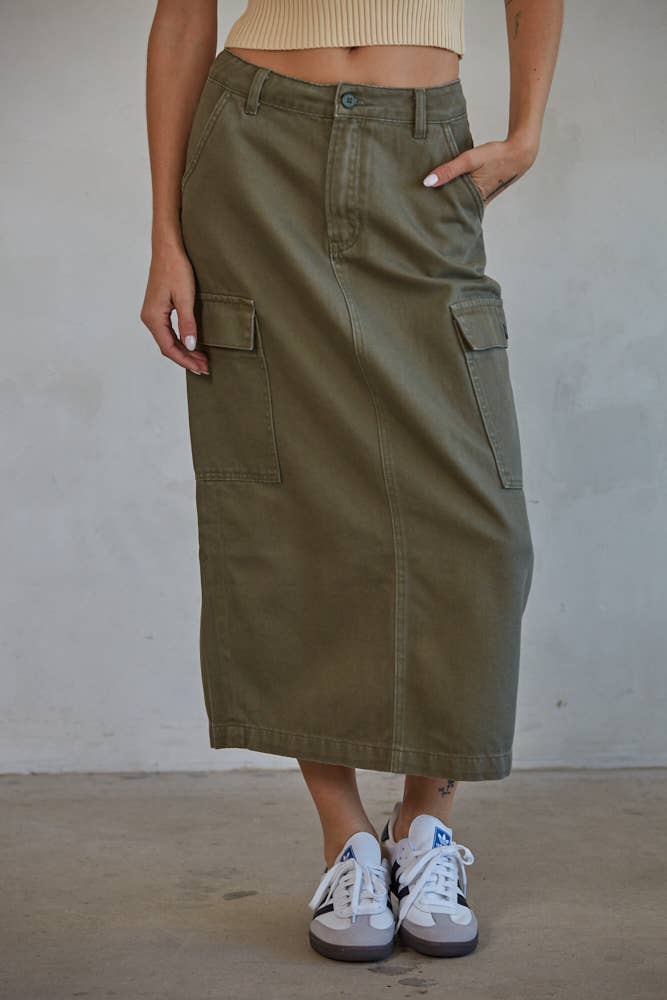 Olive Midi Skirt With Side Pockets