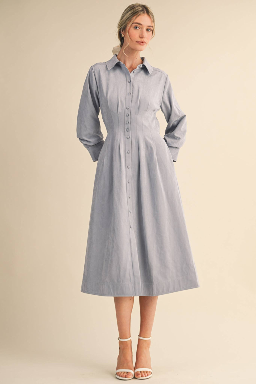 Pleated Waist Button Down Midi Dress