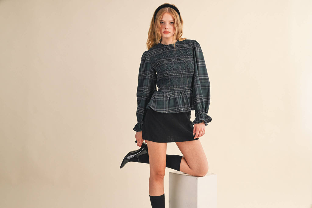Smocked Plaid Puff Sleeve Peplum Top