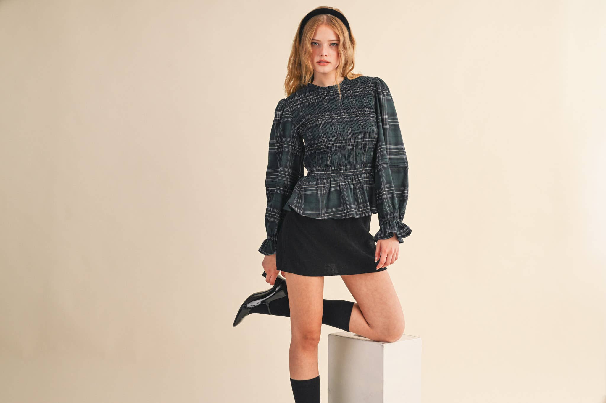 Smocked Plaid Puff Sleeve Peplum Top