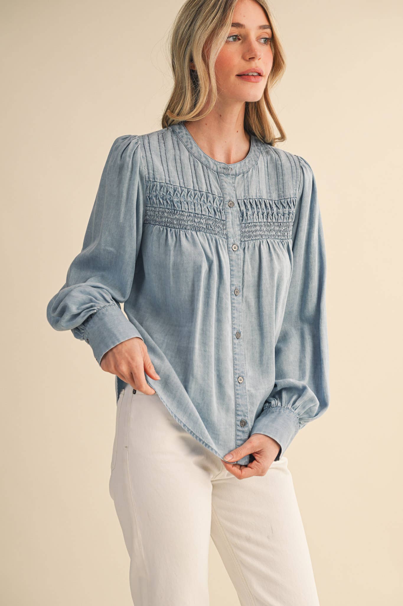Chambray Pintuck Detail Button Down Top