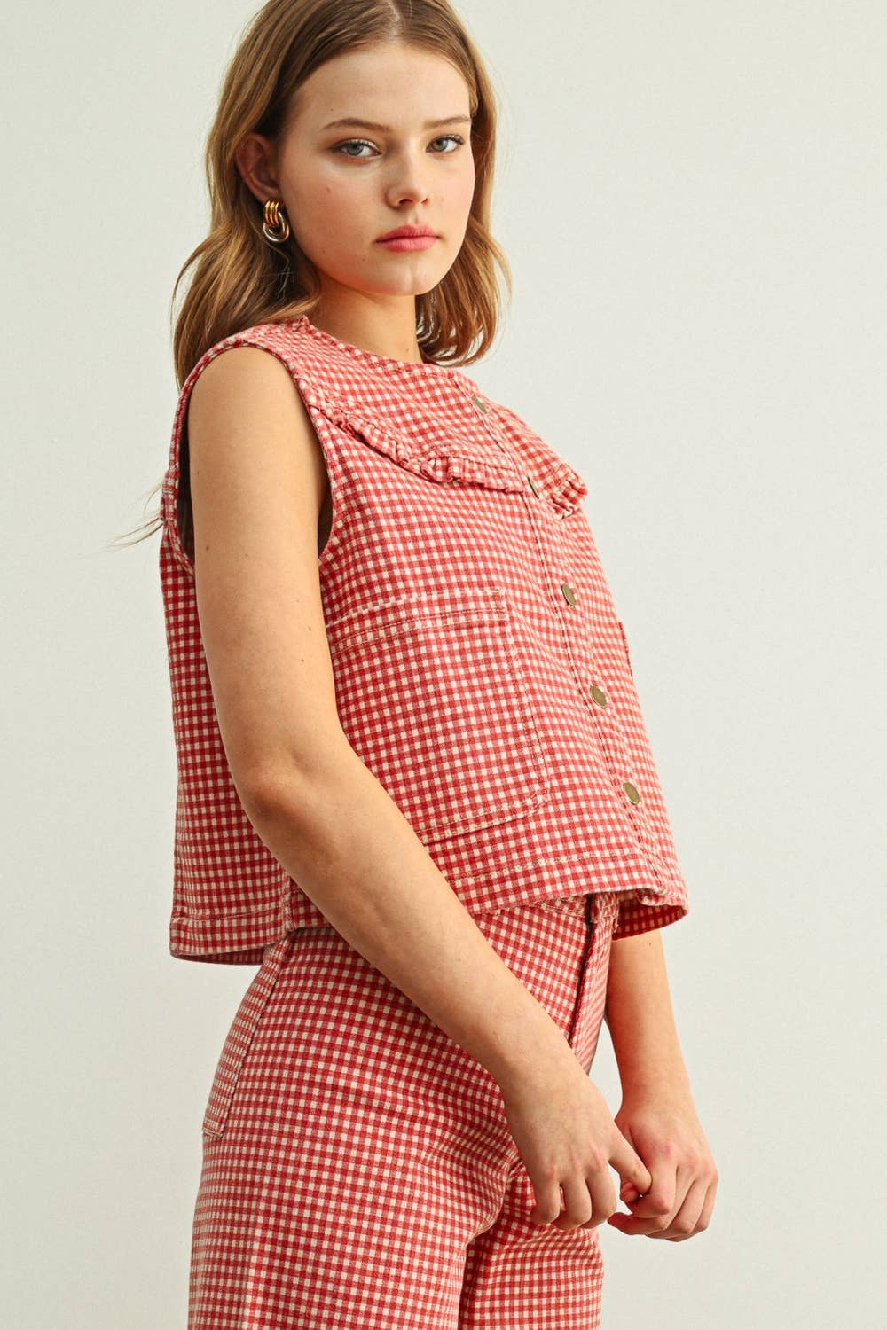 Red Gingham Button Front Vest