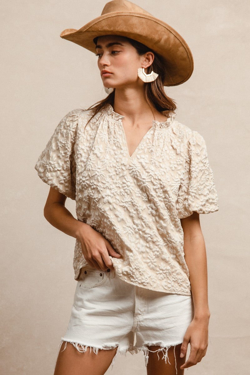 Floral Textured Balloon Sleeve Top