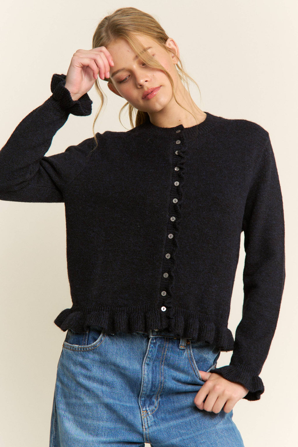 Ruffle Trim Button-Up Cardigan